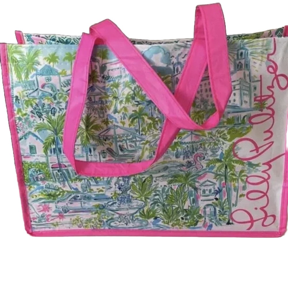Lilly Pulitzer Pink Extra Large Reusable Shopping Tote Bag 15”x 11” X 7” NWOT - Picture 2 of 4